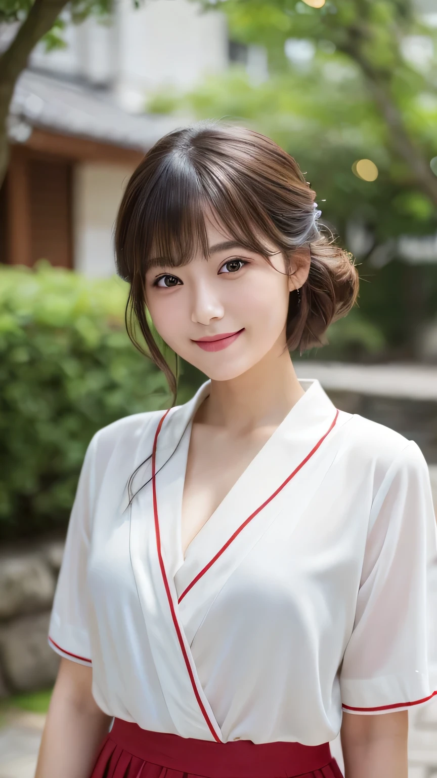 (masterpiece:1.3), (8K, Photorealistic, Raw photo, Best image quality: 1.4), Japanese schoolgirl、Take a full-body photo，Less exposure、Red long skirt，White kimono，Shrine maiden，Natural color lip，(Random fluffy short hairstyle:1.2)、Cleavage:1.2、Super detailed face、Attention to detail、double eyelid、Put your chest together、Sharp focus:1.2、Beautiful woman:1.4、Highest quality、masterpiece、超A high resolution、(Photorealistic:1.4)、Highly detailed and professionally lit smile、