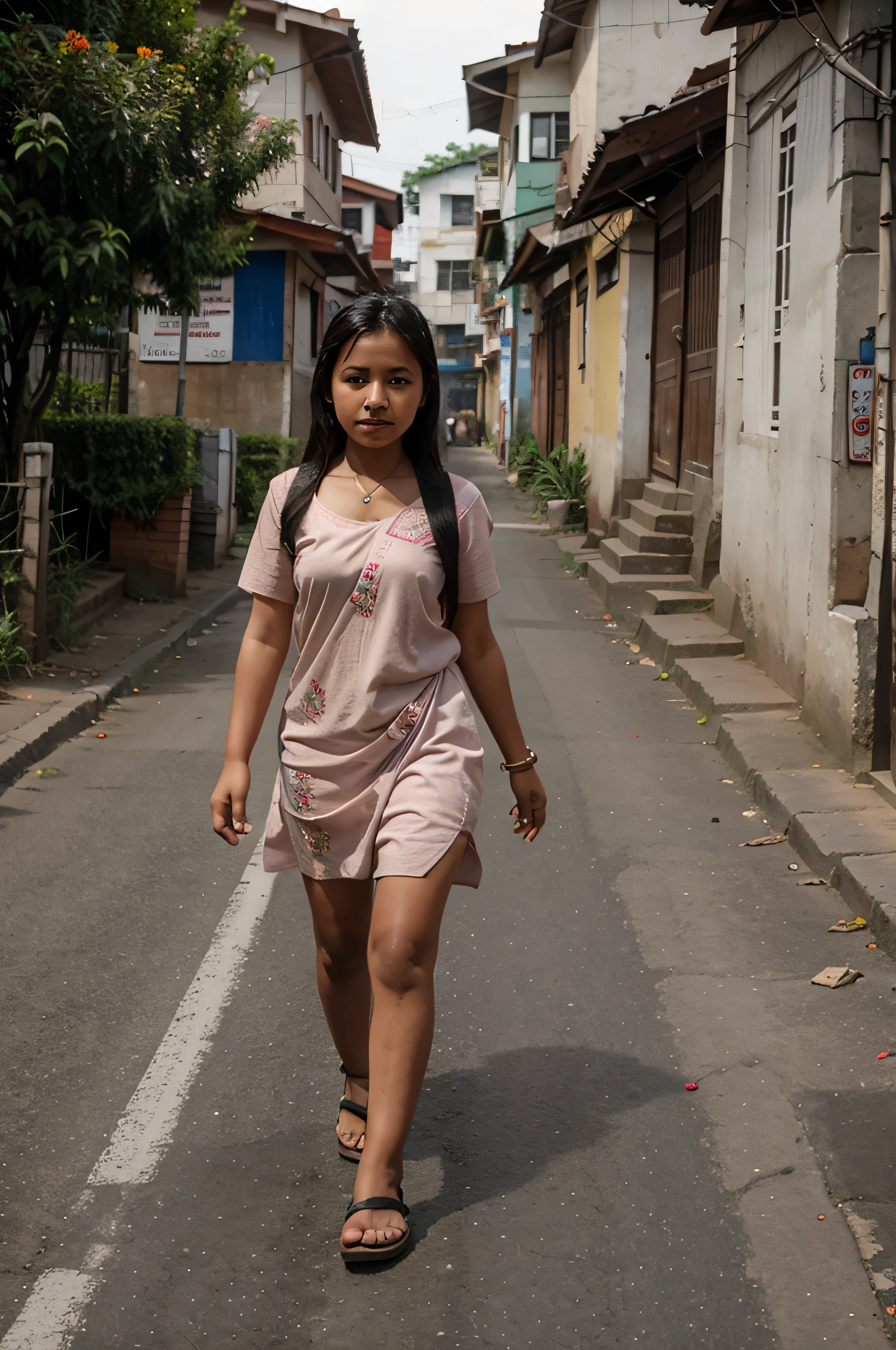 Nepalese young girl walking on the road