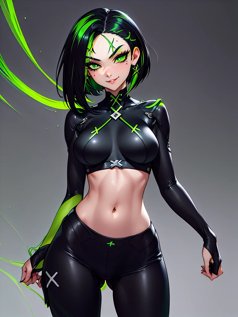 ((Top Quality, 16k, Masterpiece: 1.3)), 1 Girl, Sharp Focus: 1.2, Attractive and Sensual Appearance: 1.4, Mischievous Expression: 1.2, (((Short Two-Tone Hair, Predominantly Black with Green Strands: 1.4))), Asymmetrical Hairstyle with Long Strands Falling Over Face, (((Intense Green Eyes with "X"-Shaped Pupils: 1.4))), Long Black Eyelashes Accentuating Expressive Eyes, (Smilling Arrogantly: 1.3), Tight High-Cut Black Bodysuit Highlighting Curves, High-Neck Design with Underbust Slit Revealing Midriff, Open White Jacket Draped Casually Over Her Shoulders, Large Breasts, Highly Detailed Face and Skin Texture, Detailed Eyes, ((Standing, Sensual Pose)), (Mischievous), Portrait Photo, HDR, Dark Background.