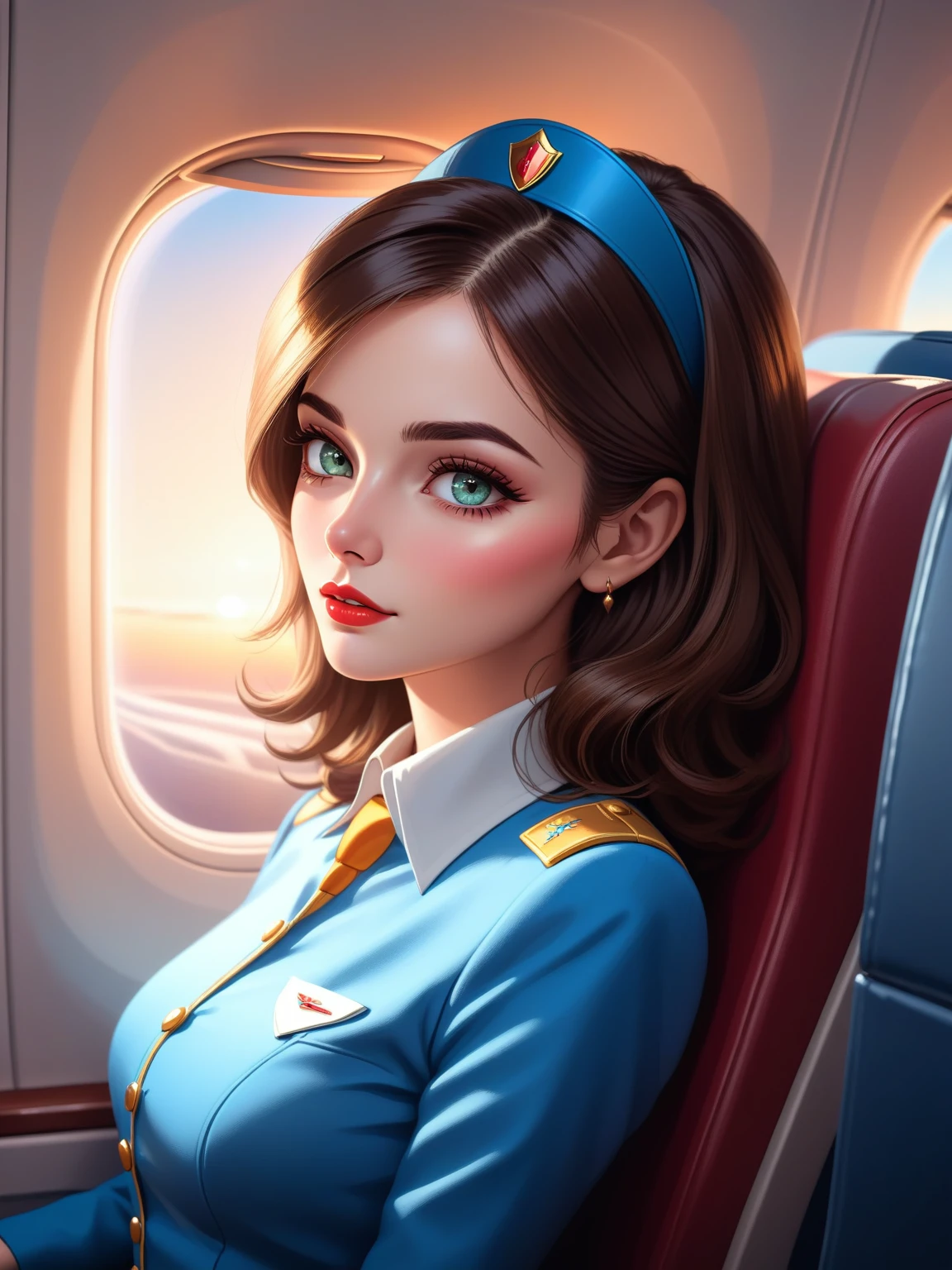 pretty woman, wearing air hostess outfit, on plane seat, beautiful detailed eyes, beautiful detailed lips, extremely detailed face, long eyelashes, elegant, graceful pose, window view, interior of plane, warm lighting, vibrant colors, digital art, 8k, high resolution, masterpiece, best quality