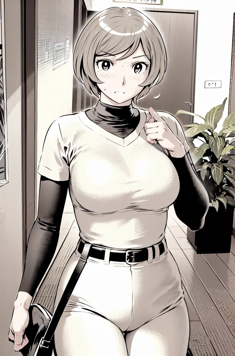 、(masterpiece、Highest quality)、Highest quality, Ultra-high resolution, (((masterpiece))), alone, Sweat、Big eyes,Tight black shirt、Tight white pants、belt、indoor、Composition from the front、(Cut the back hair short、short hair、blonde、woman)、Shortcuts、Embarrassed face、Cut your hair short、可愛いwomanの子、Big Breasts、office
