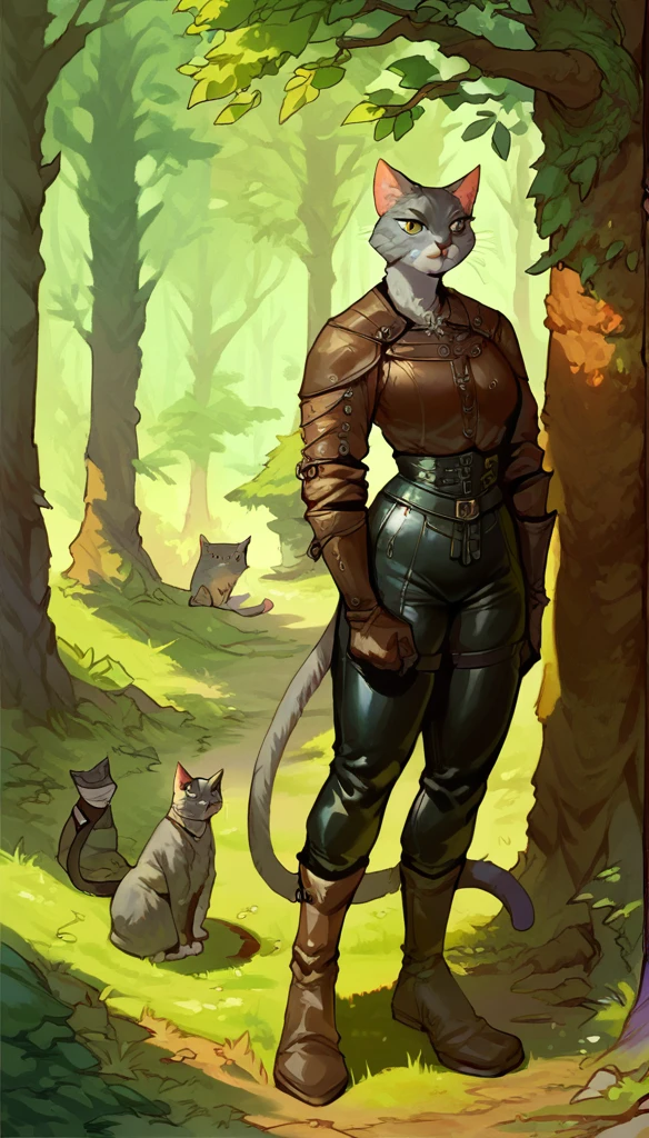 score_9, score_8_up, score_7_up, score_6_up, score_5_up, score_4_up,
Cat, solo, female, (athletic, anthro, grey fur, tail), full body, medieval, (ranger, wearing hunter leather clothes), forest background