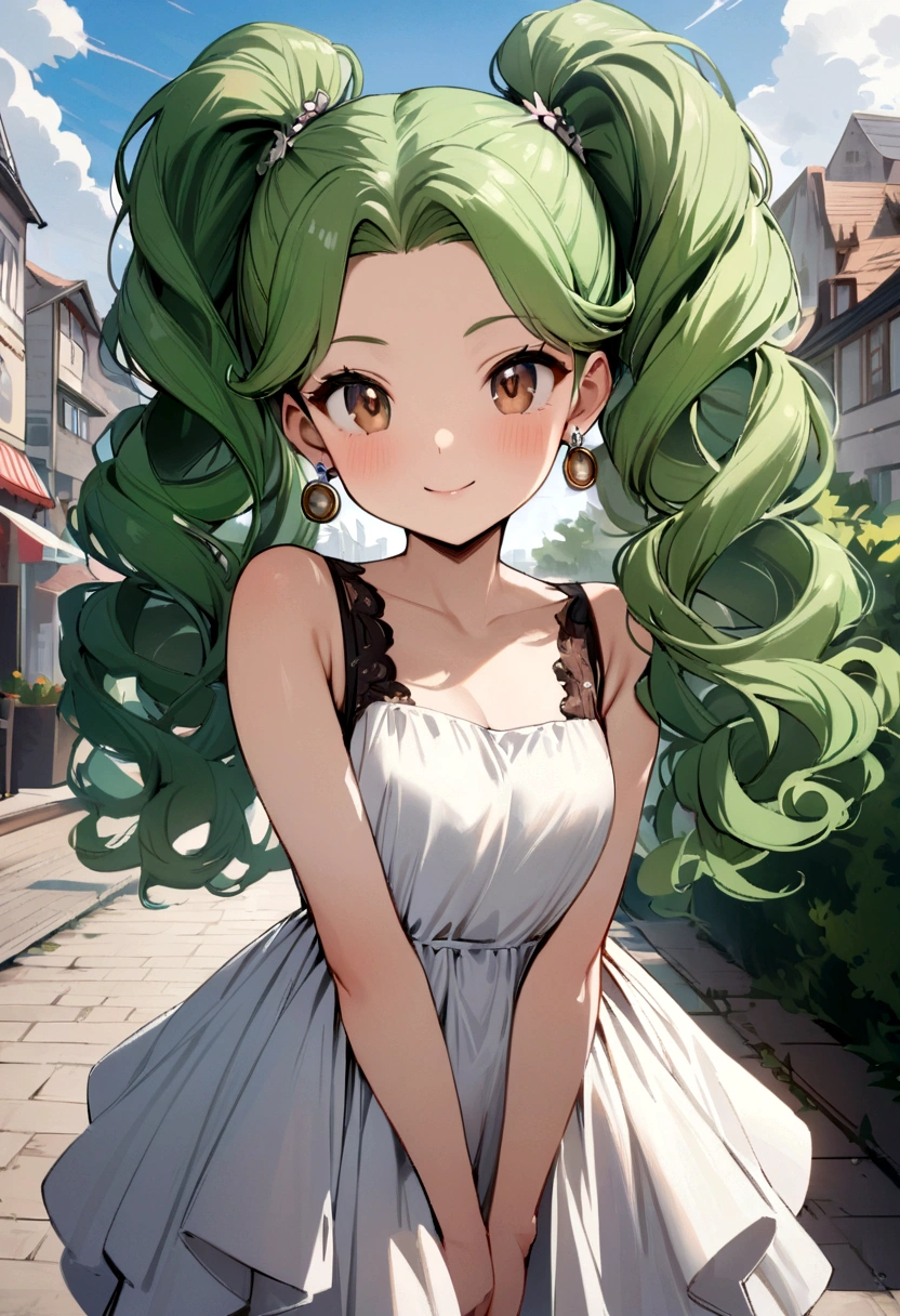 Masterpiece, High Quality, Ultra High Resolution, Solo, Outdoor, Looking at the viewer, Smiling, Kay, One girl, Long hair, Curly hair, Perm, Green hair, Earrings, Brown eyes, Healthy skin, Cute girl, Dress, Hairstyle pattern, Twin tails, Active girl