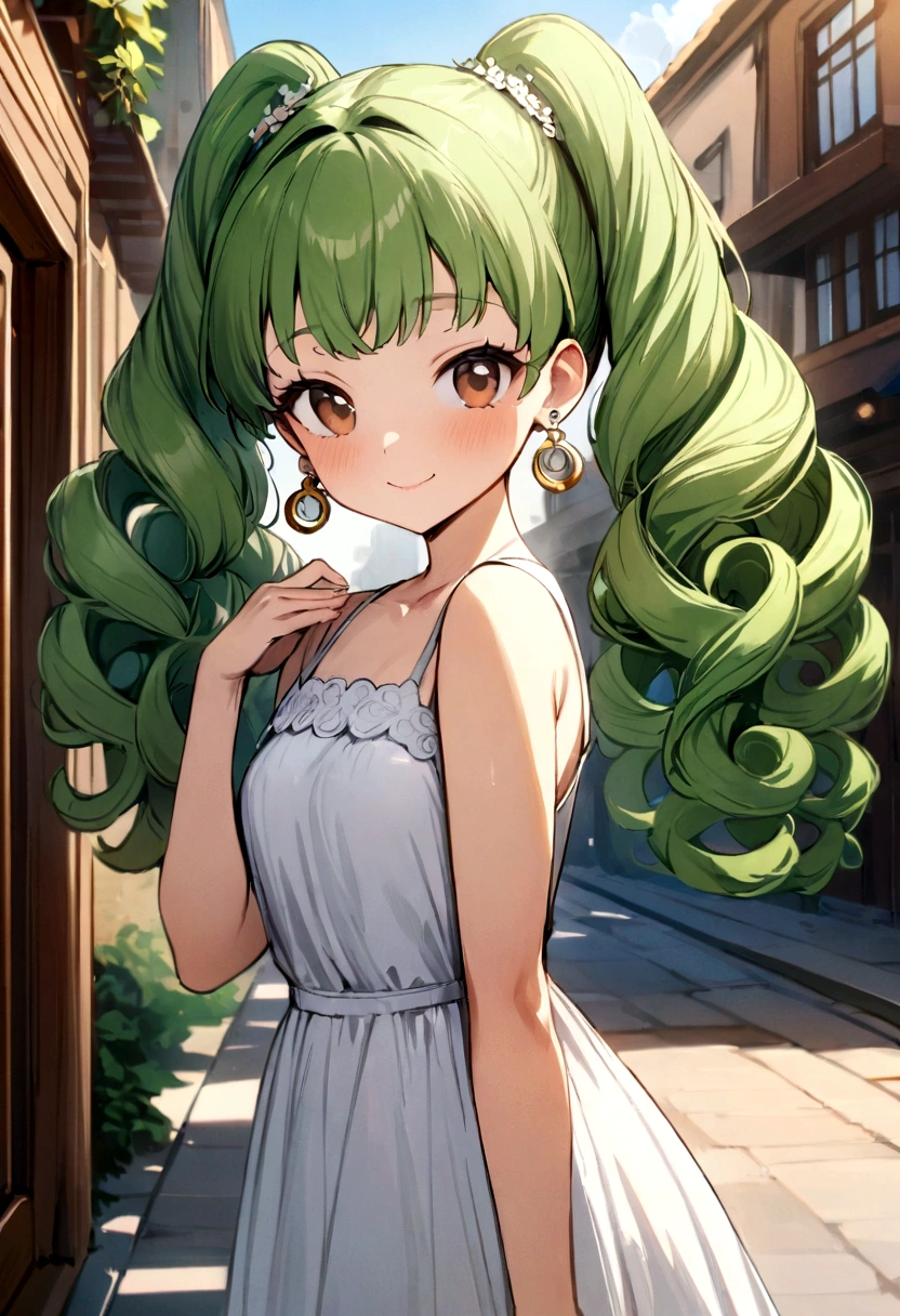 Masterpiece, High Quality, Ultra High Resolution, Solo, Outdoor, Looking at the viewer, Smiling, Kay, One girl, Long hair, Curly hair, Perm, Green hair, Earrings, Brown eyes, Healthy skin, Cute girl, Dress, Hairstyle pattern, Twin tails, Active girl