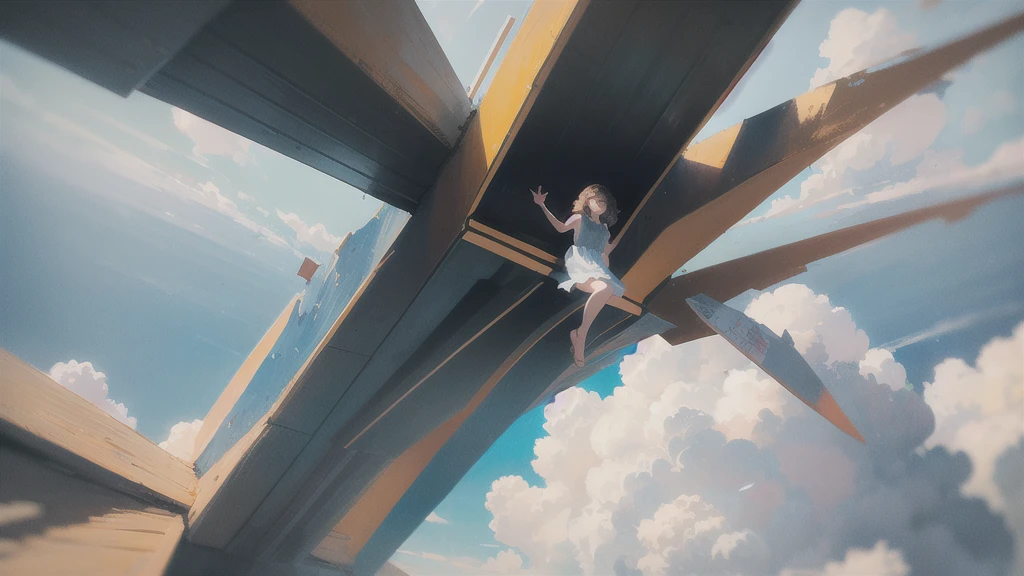 masterpiece, Highest quality, Movie stills, One girl, Floating in the sky, cloud girl, cloud, (close:1.1), bright, Happy, fun, Soft lighting, (Bauhaus, shape, line, Abstract:1.1)