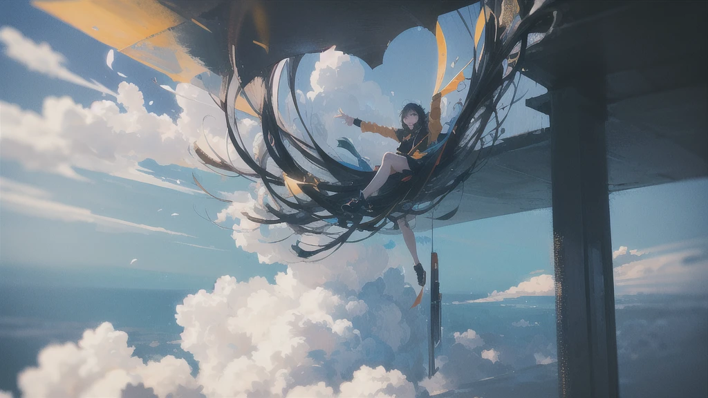 masterpiece, Highest quality, Movie stills, One girl, Floating in the sky, cloud girl, cloud, (close:1.1), bright, Happy, fun, Soft lighting, (Bauhaus, shape, line, Abstract:1.1)