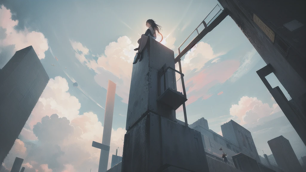 masterpiece, Highest quality, Movie stills, One girl, Floating in the sky, cloud girl, cloud, (close:1.1), bright, Happy, fun, Soft lighting, (Bauhaus, shape, line, Abstract:1.1)