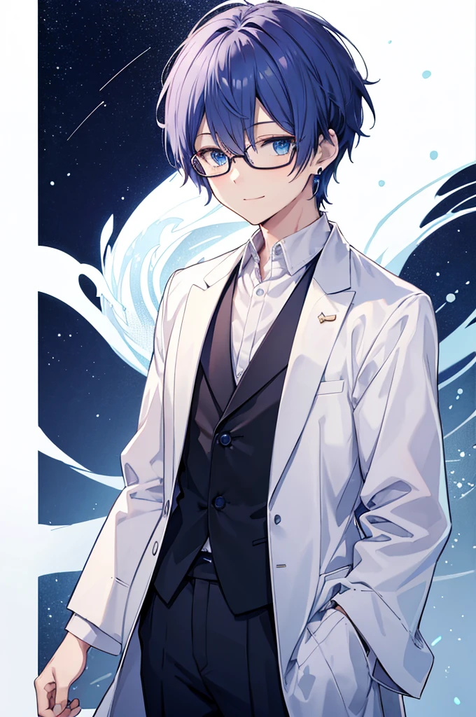 White background、Japan anime illustrations、Adult male、Anime Male、Indigo Hair、Blue eyes like the night sky、Smiling man、Wearing thin glasses、Small earrings、White linen shirt、Black suit、Man standing and smiling、Man standing facing forward、