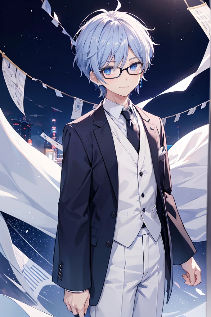 White background、Japan anime illustrations、Adult male、Anime Male、Indigo Hair、Blue eyes like the night sky、Smiling man、Wearing thin glasses、Small earrings、White linen shirt、Black suit、Man standing and smiling、Man standing facing forward、