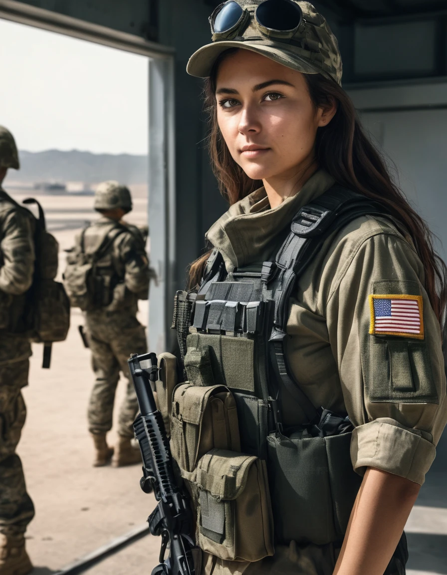 Hyperrealistic art photo of m4d1s0n a woman, wearing a military outfit, looking at viewer, at a military base, . Extremely high-resolution details, photographic, realism pushed to extreme, fine texture, incredibly lifelike