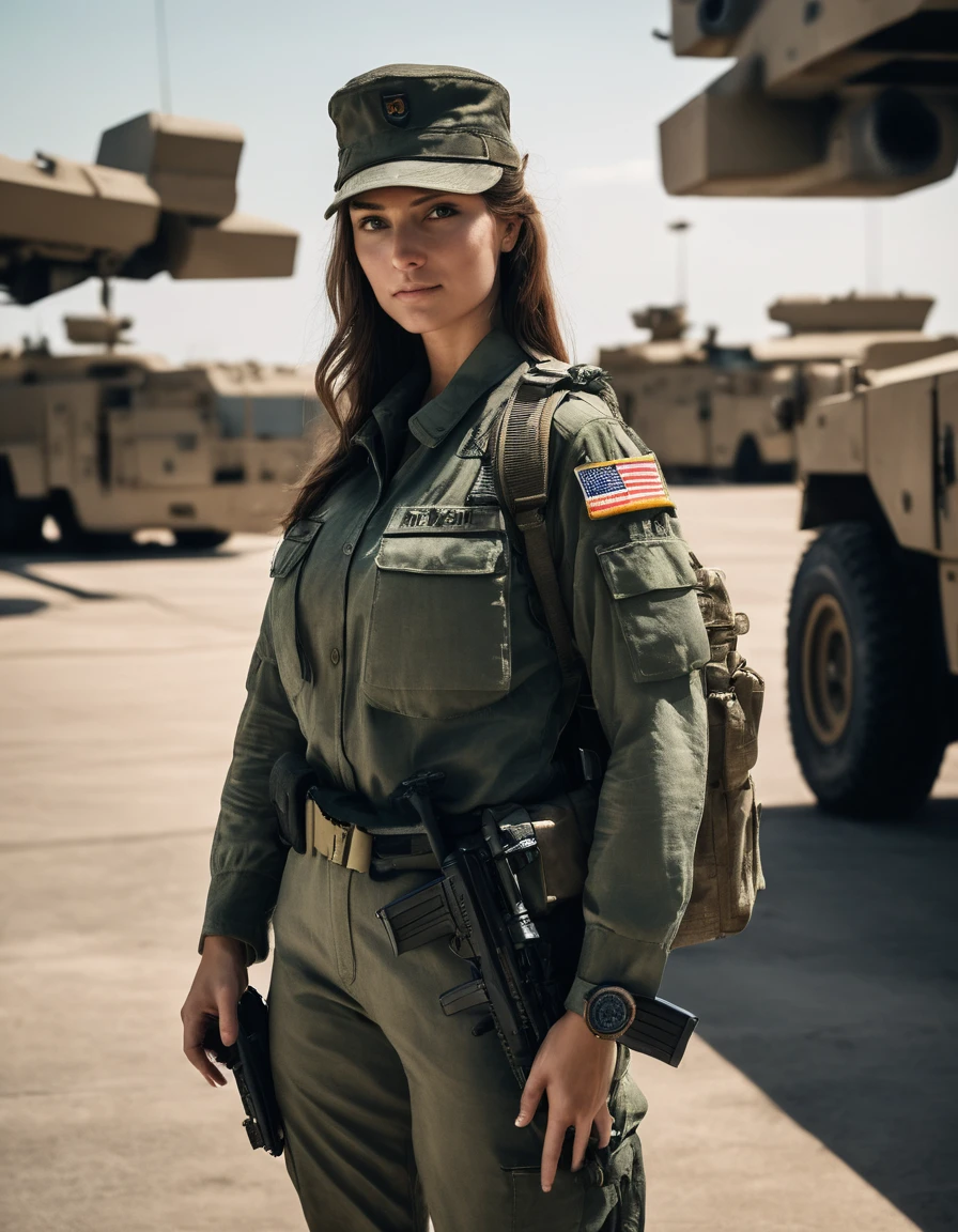Hyperrealistic art photo of m4d1s0n a woman, wearing a military outfit, looking at viewer, at a military base, . Extremely high-resolution details, photographic, realism pushed to extreme, fine texture, incredibly lifelike