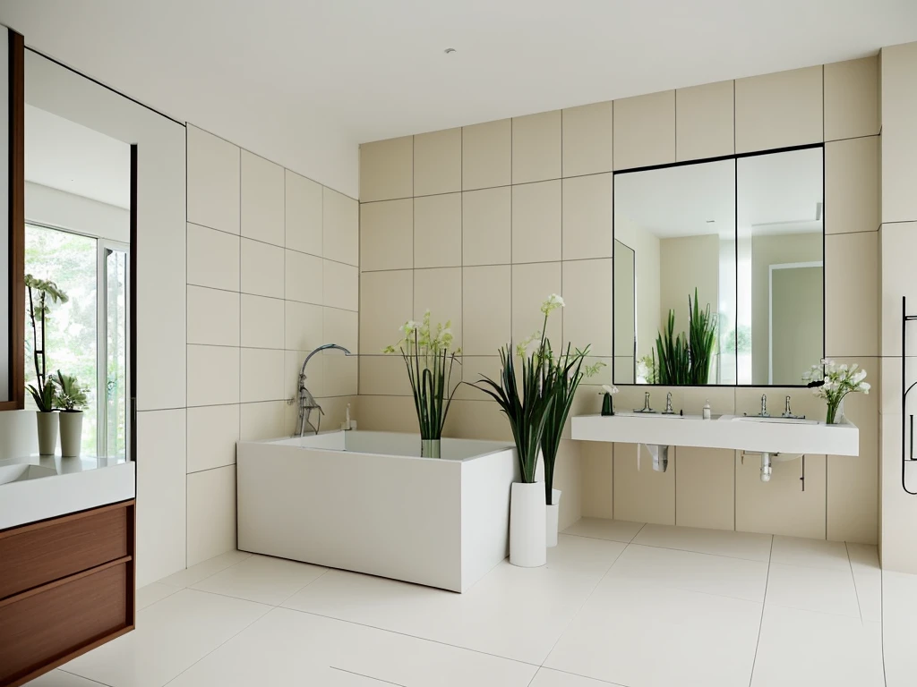 Indoors, the entire room is shot from the front at a 45-degree angle, with light beige tiles lining the walls. Modern luxury bathroom with minimalist design. Featuring a large floating vanity with white top and rectangular sink, dark wood drawers and elegant faucets. A large rectangular backlit mirror spans the wall behind the vanity. There is a freestanding oval bathtub on the light tiled floor to the right. Tall vases with white flowers and green plants were placed around the room. The lighting is warm and atmospheric. Super detailed, authentic, high quality