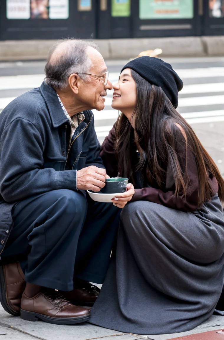 Just two persons　A 70-year-old man and his 20-year-old daughter　my daughter(Your are completely exposed)is young and cute like a 15-year-old idol..　Face to face deep kiss　A homeless man in a dirty dress is showing off his dresy daughter&#39;s small breasts and nipples are completely exposed to the dew。