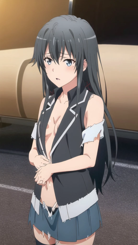 {yukinoshita_yukino_yahariorenoseishunlovecomewamachigatteiru:1.15},black hair, blue_eyes, , 1 girl,,alone, hair between eyes,(torn clothes, check mini skirt,:1.5),show off white lace panties, bare shoulders,, cleavage,thighhighs,long hair, ((orgasm:1.5)) , beautiful light, half eye closed, close up face,　　　　　　　　　　　　　　　　　　　　　　　　　　　　　　　　　　　　　　　　　　　　　　　　　　　　　　　　　　 beautiful upper body, Beautiful body, beautiful character design, perfect eyes, Perfect face, expressive eyes, looking at the viewer,(lie on road),in the center of the image, official art,High Definition CG Unity, Perfect lit, bright_front_face_lit, ,(Highest_quality:1.0),4k,Super detailed, photograph, 8K, nffsw, High resolution, absurd:1.2, kodak portrait 400, film grain, Lens flare, (lively_color:1.2) (beautiful,small breasts:1.4), (beautiful_face:1.3),(narrow_waist),blush, ((detail nipple)),,