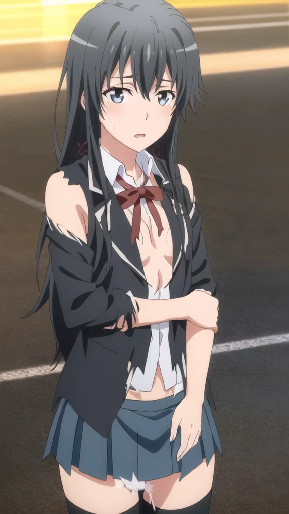 {yukinoshita_yukino_yahariorenoseishunlovecomewamachigatteiru:1.15},black hair, blue_eyes, , 1 girl,,alone, hair between eyes,(torn clothes, check mini skirt,:1.5),show off white lace panties, bare shoulders,, cleavage,thighhighs,long hair, ((orgasm:1.5)) , beautiful light, half eye closed, close up face,　　　　　　　　　　　　　　　　　　　　　　　　　　　　　　　　　　　　　　　　　　　　　　　　　　　　　　　　　　 beautiful upper body, Beautiful body, beautiful character design, perfect eyes, Perfect face, expressive eyes, looking at the viewer,(lie on road),in the center of the image, official art,High Definition CG Unity, Perfect lit, bright_front_face_lit, ,(Highest_quality:1.0),4k,Super detailed, photograph, 8K, nffsw, High resolution, absurd:1.2, kodak portrait 400, film grain, Lens flare, (lively_color:1.2) (beautiful,small breasts:1.4), (beautiful_face:1.3),(narrow_waist),blush, ((detail nipple)),,