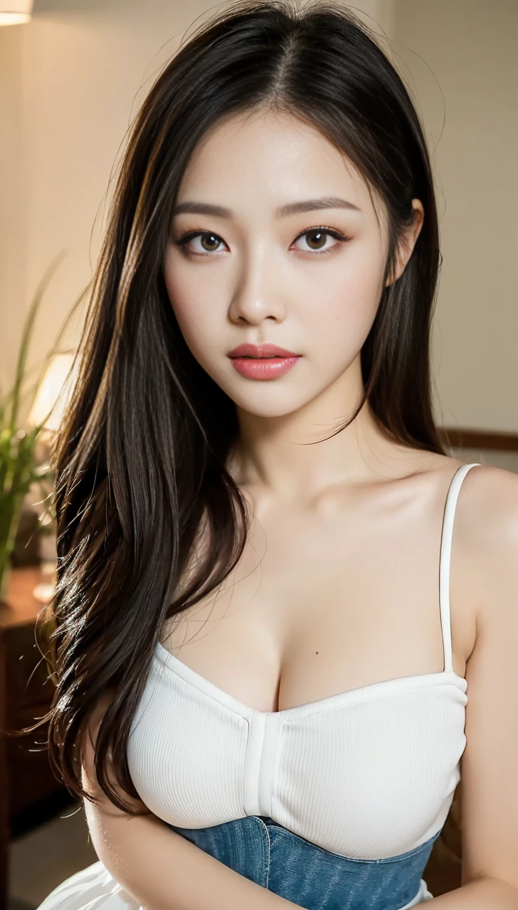 Superb, Masterpiece, Ultra High Quality, Realistic, Girl, (Beautiful Face 1.4), (Big, Constricted Waist), Long Hair, Indoors, Bokeh, Milight, Glossy Skin, Small Head, Sleeping with Two