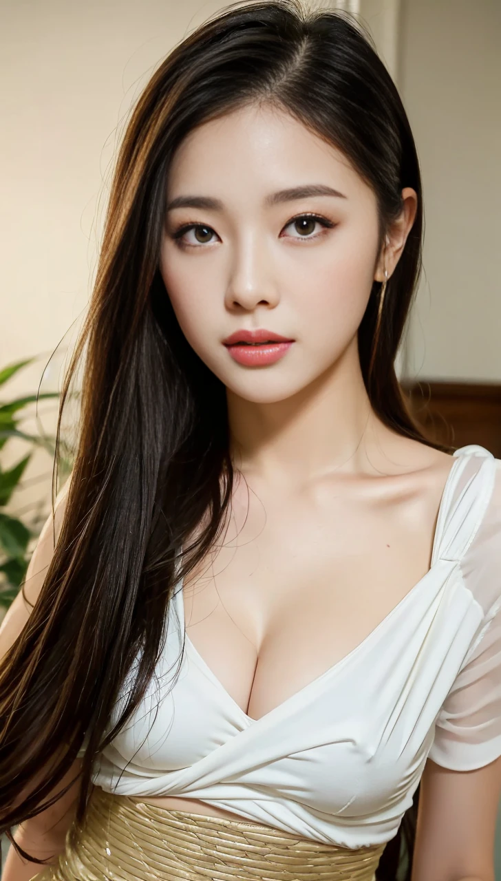 Superb, Masterpiece, Ultra High Quality, Realistic, Girl, (Beautiful Face 1.4), (Big, Constricted Waist), Long Hair, Indoors, Bokeh, Milight, Glossy Skin, Small Head, Sleeping with Two
