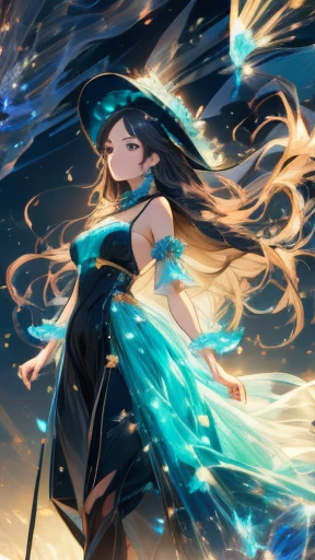 Beautiful princess wearing a giant hat, walking, epic, glowing black dress, very long hair, flying hair, magical, unrealistic physic