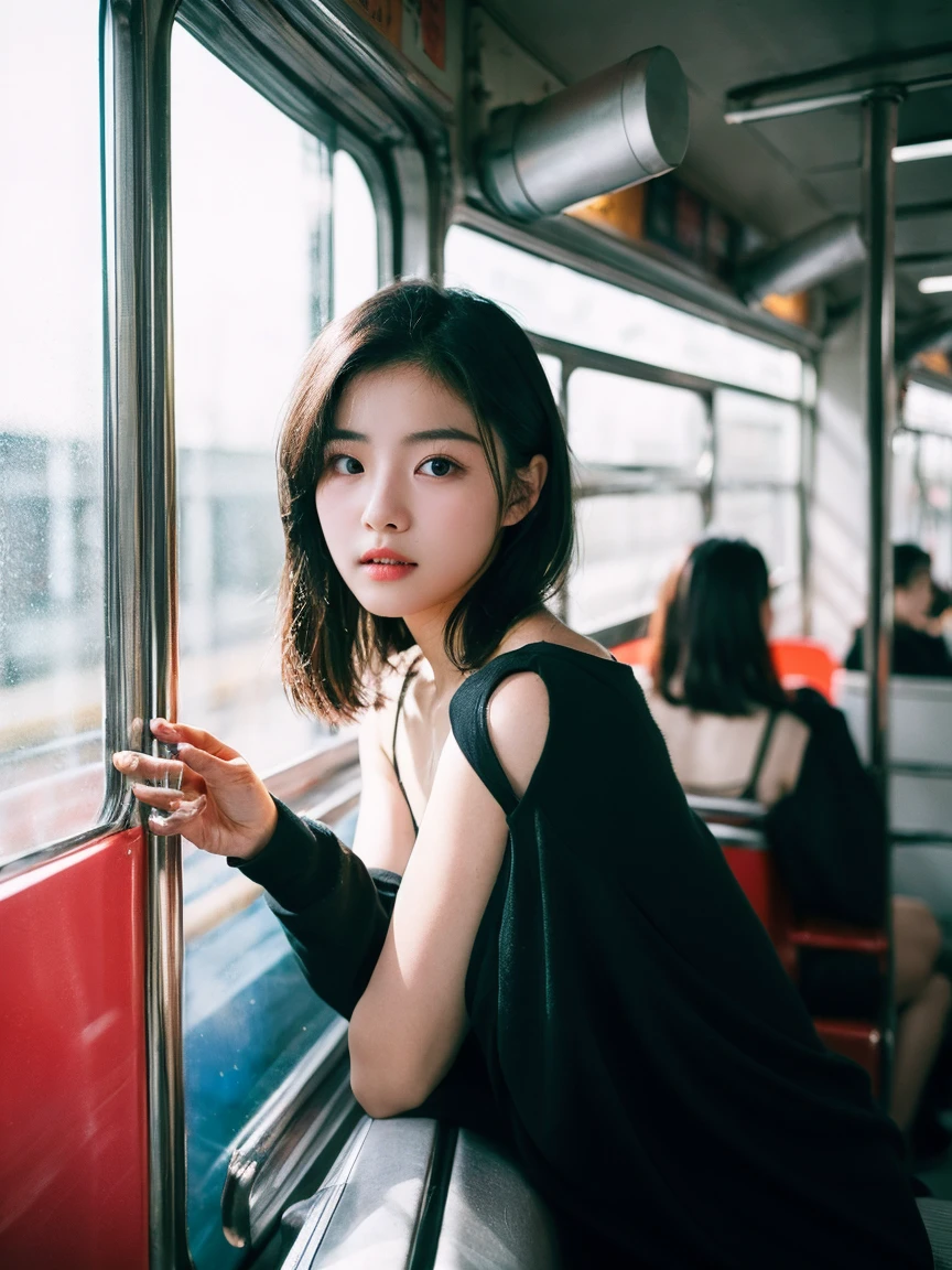 Cinematic photo of beautiful Korean fashion model in bokeh train, Body-facing camera
