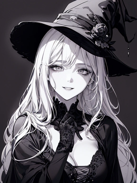 Highest quality, (Background details), High Contrast, Very beautiful woman, Detailed original illustrations、functional、witch、Pointed hat、Black Robe、Delicate face、Charm、Villainess、sexy、Real breasts、Crazy Smile, Crazy Eyes,   Black background, (Black background: 1.5), Beautiful line art、Monochrome