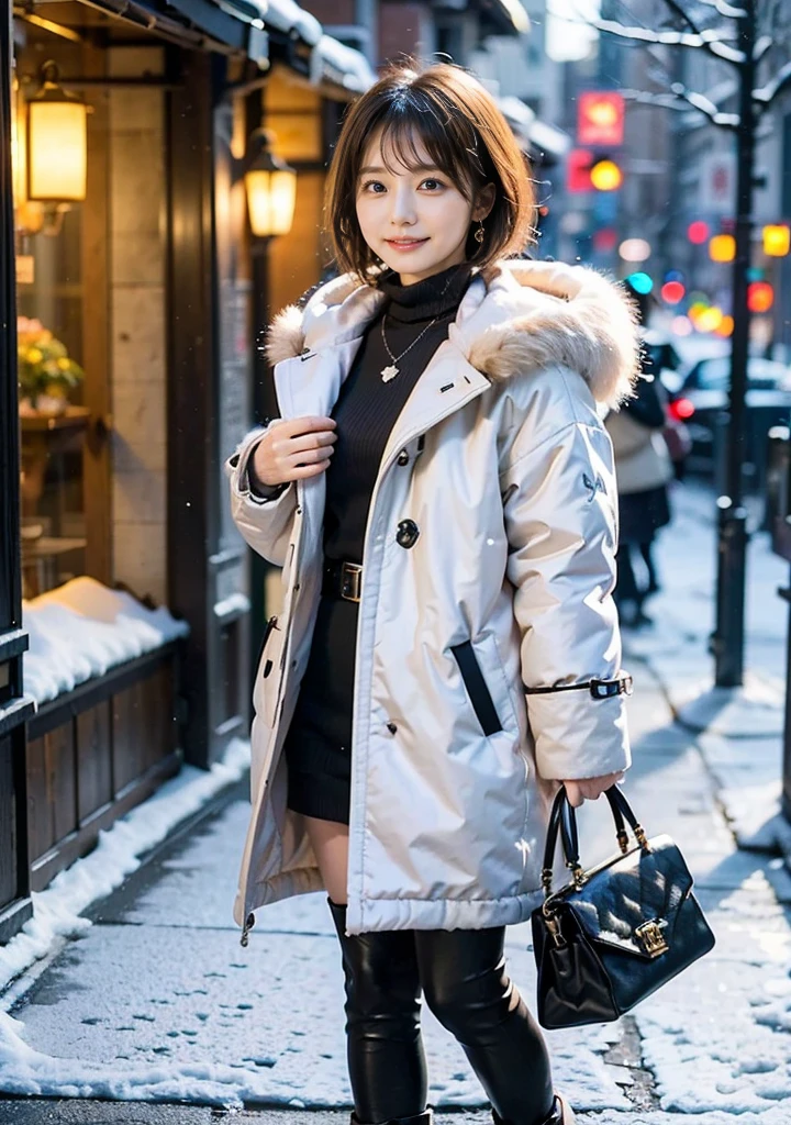 Outdoors in the city、Fur coat、豪華なグレーのミンクのFur coat、Wear fine leather boots、Luxury Bags、Inner turtleneck、Silver necklace and small silver earrings, Illionaire style:1.4））、Full body photo、smile、 Caustics、Highly detailed photos、Very beautiful woman 、Ample breasts、No makeup、(8K、RAW Photos、Highest quality、masterpiece:1.2)、(Realistic、Realistic)、1 Girl、((Medium Short Hair、Midwinter、Cold region Snow falling、The wind is blowing、Fluttering Hair、Blur the background、Colorful illuminations、Looking into the camera:1.4))、
