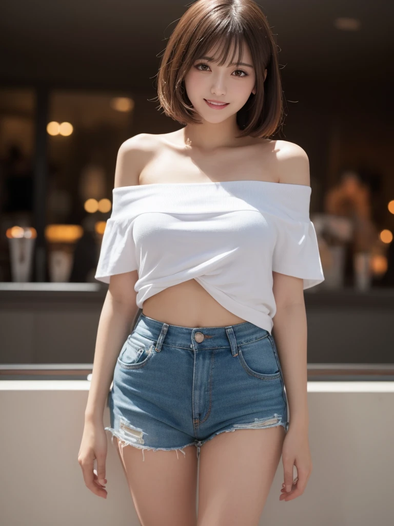 masutepiece, Best Quality, Illustration, Ultra-detailed, finely detail, hight resolution, 8K Wallpaper, Perfect dynamic composition, Beautiful detailed eyes, Off-shoulder t shirt and mini shorts,Bob Hair, mid-chest, Natural Color Lip, Random and sexy poses,Smile,20 years girl Colossal 、nightclub、