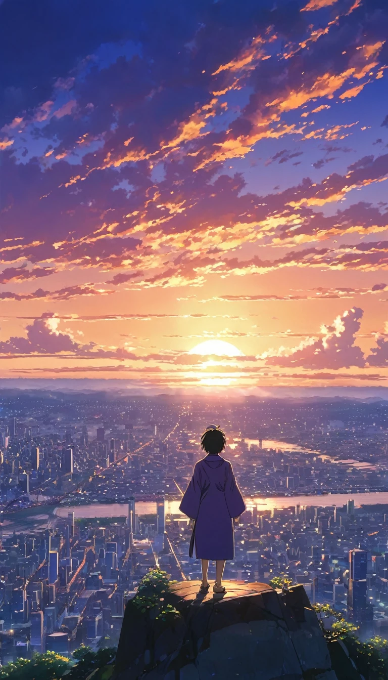 an iphone with an image of a city and the sun setting over it, watching the sun set. anime, anime. by makoto shinkai, hd anime cityscape, makoto shinkai. —h 2160, cosmic skies. by makoto shinkai, anime atmospheric, anime wallaper, by makoto shinkai, by Makoto Shinkai, beautiful anime scenery, makoto shinkai. high detail, ( ( makoto shinkai ) ), anime scenery, colorful anime movie background, anime movie background, anime background art, style of makoto shinkai, anime sky, beautiful anime artwork, anime background. Description-A stylized image of a cityscape at sunset. The sky is filled with dramatic clouds illuminated in hues of orange, pink, and purple by the setting sun, which emits radiant beams across the scene. A person in traditional attire stands on a hill in the foreground, overlooking the glowing city below. The artwork's vibrant colors and detailed depiction highlight the serene and majestic atmosphere.