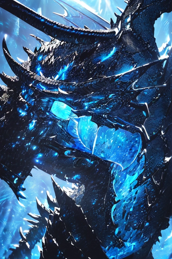{masterpiece, distinct_image, extremely detailed CG, (extremely detailed fine touch:1.2), (natural light, blue_light, light rays, dappled light, ray tracing:1.2), detailed face,ink splashing, photo realistic, 4k, 8k, high_resolution, glitter, blue_light, (glow_blue_face, front_light:1.3),{1dragon, face_focus, looking for_in_viewer, dynamic angle},{dragon, huge body, (Black Smoke Dragon Horn, black dragon scales, blue glowing dragon eyes, wings of blue flame, black dragon tail,Blue glowing dragon's claws:1.7), winter polar background}