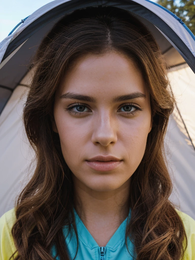 a girl in a camping tent, beautiful detailed eyes, beautiful detailed lips, extremely detailed face and skin, long eyelashes, camping gear and supplies, survival tools, campfire, lake, waterfall, sunset, birds flying, (best quality,4k,8k,highres,masterpiece:1.2),ultra-detailed,(realistic,photorealistic,photo-realistic:1.37),landscape,warm colors,dramatic lighting