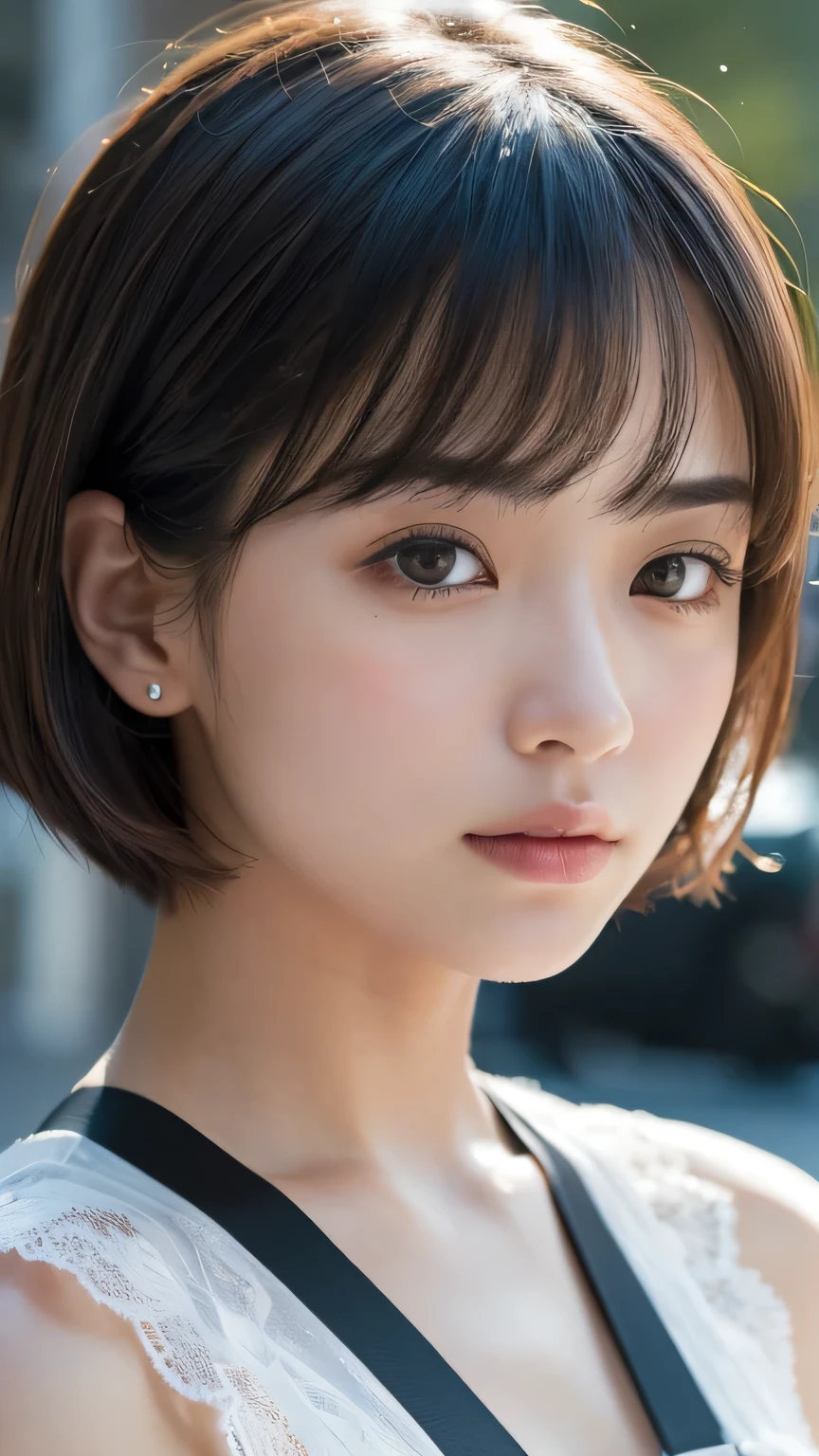 (Ultra-realistic), (figure), (High resolution), (8K), (Very detailed), (Best figure), (Beautiful and detailed), (Highest quality), (Super detailed), (masterpiece), (wallpaper), (Detailed face), alone, One Girl, watching viewer, Trendy summer clothes,、Fine details, Detailed face, In the Dark, Deep Shadow, Modest, Pure Erotic Face Ace_v1, cool, short hair, Pointed diagonal bangs,Aoyama Street