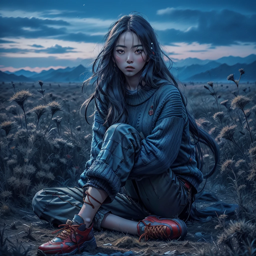 real potrait, full body, Longshot, a Korean woman with long hair wearing a blue sweater, wear trousers, wearing red shoes, sitting on a field full of weeds, evening sky, face facing forward, intricate details