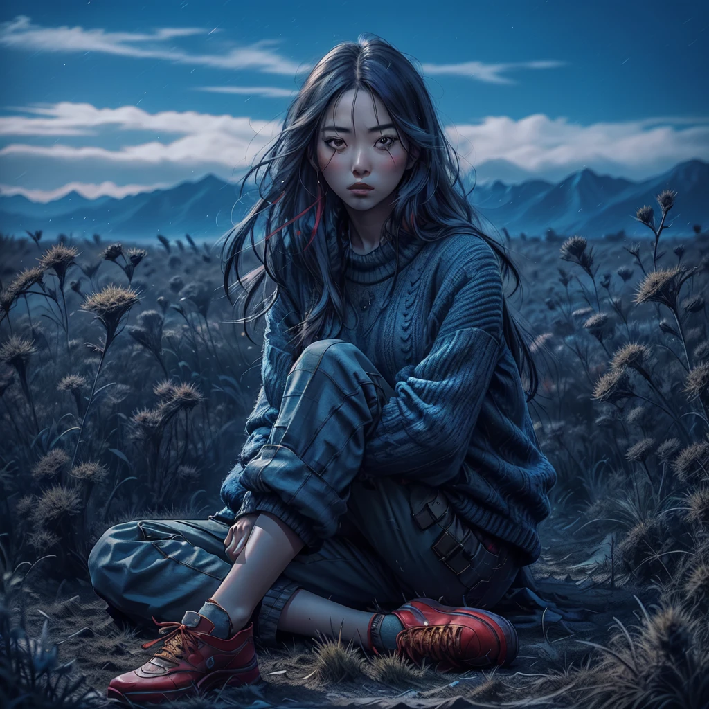real potrait, full body, Longshot, a Korean woman with long hair wearing a blue sweater, wear trousers, wearing red shoes, sitting on a field full of weeds, evening sky, face facing forward, intricate details