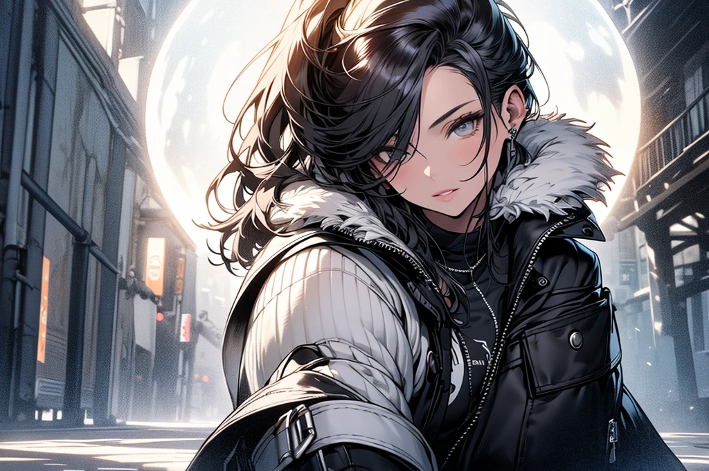 Original photo, Highest quality, Full body photo), (Realistic, Photographic fidelity: 1.3), (Very delicate and beautiful: 1.1) 1 woman chiseled physique and Wide Hips, leggings, Pleated skirt, Sports Top, High Ponytail, High Boots, Long fur jacket, On a hazy moonlit night in a ghost town, Monochrome style, Line art, Detailed face, Detailed eyes, Detailed lips, Wide Hips