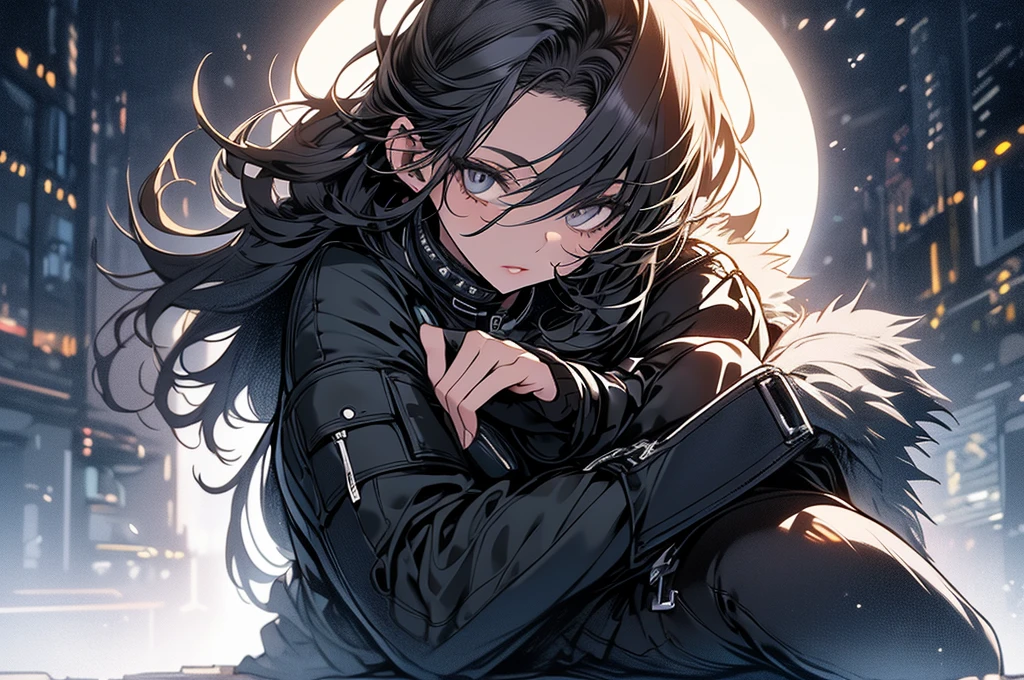 Original photo, Highest quality, Full body photo), (Realistic, Photographic fidelity: 1.3), (Very delicate and beautiful: 1.1) 1 woman chiseled physique and Wide Hips, leggings, Pleated skirt, Sports Top, High Ponytail, High Boots, Long fur jacket, On a hazy moonlit night in a ghost town, Monochrome style, Line art, Detailed face, Detailed eyes, Detailed lips, Wide Hips