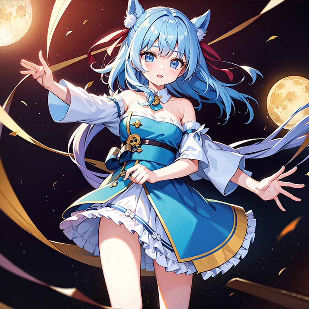 ((Highest quality)), ((masterpiece)), (detailed), One girl, Fine Lines, (Big eyes, The corners of the eyes are droopy and slanted, Lower eyelid corners droop), (Light blue hair, Loosely wrapped, Two Side Up), ribbon, Frills, Soft and fluffy, fluffy, Tanabata, Sparkling, moon, star, Pastel feel, 