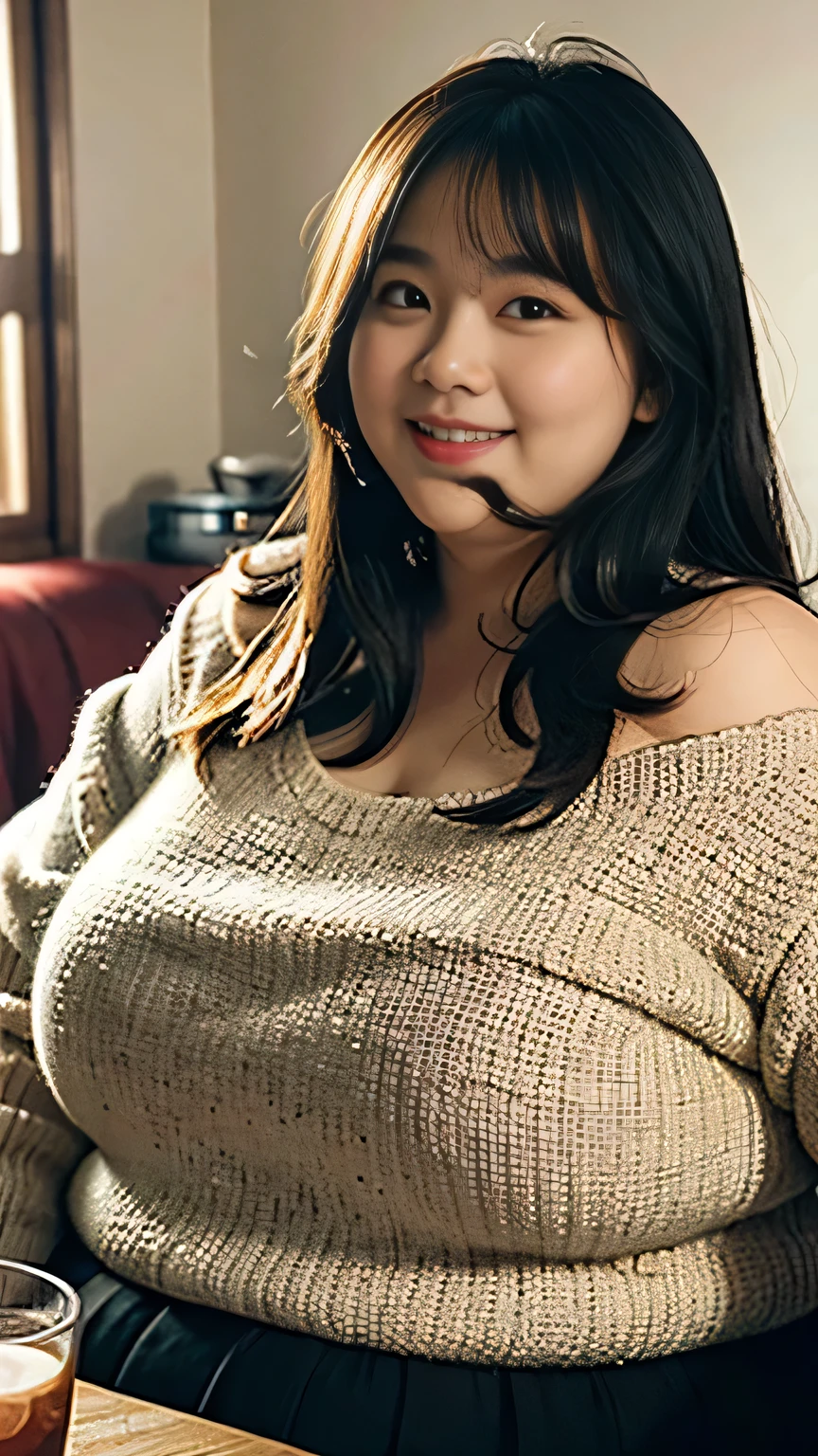 Fat Woman， Obese, Big Size, Round face, Double chin, Overweight,Shoulder-length fluffy hair , Eating deliciously，Looking at the camera，smile、