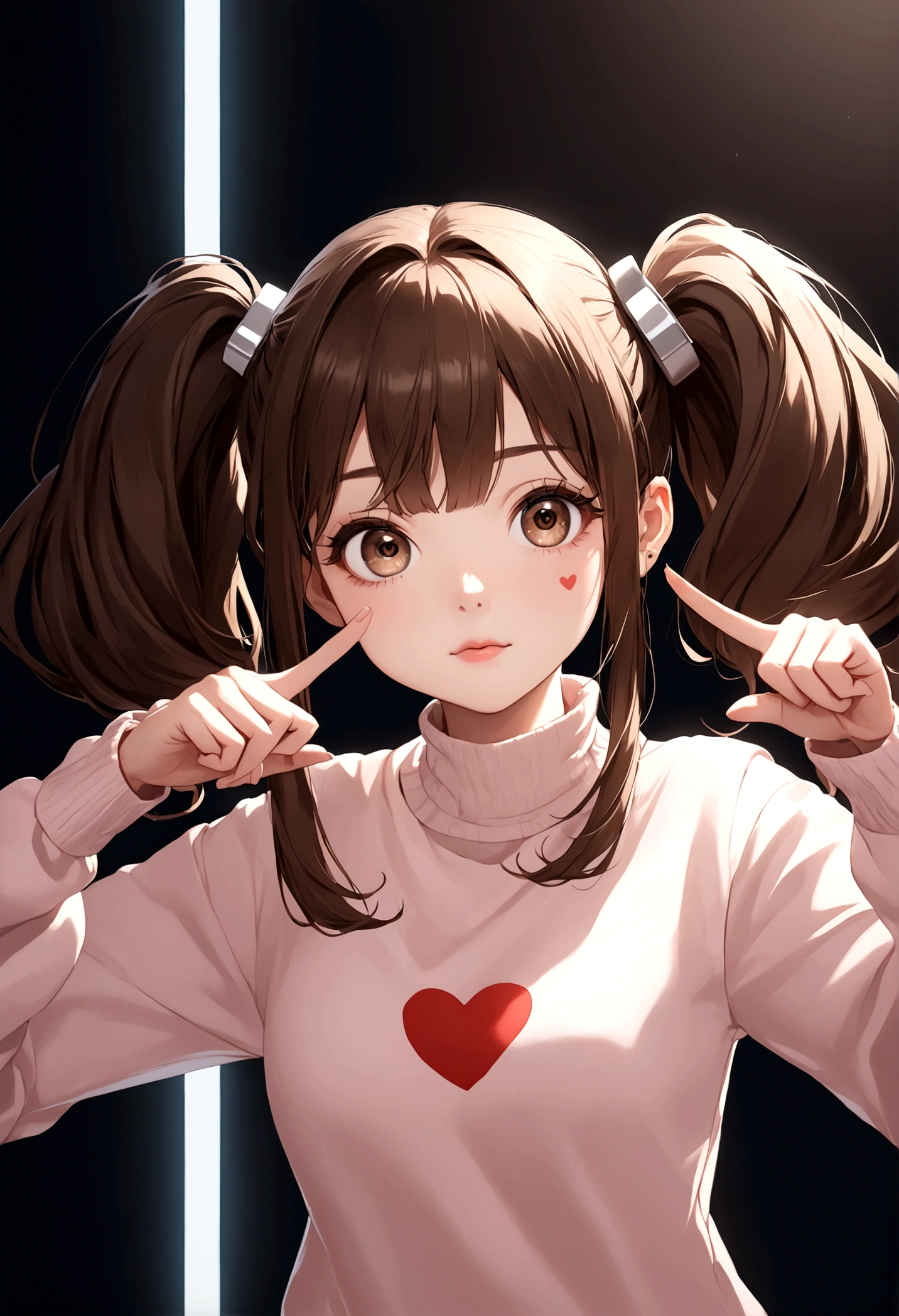 No background　Twin tails　Brown Hair　Tight eyes　girl　One person　Heart shape with middle and index fingers　