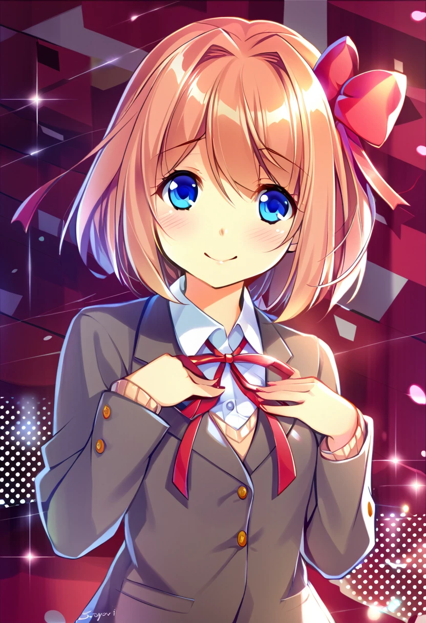 one girl, cute, blazer, bow, dokidoki literature club, Sayori, my childhood friend, cute, short hair, blush, light blue eyes, cheerful girl, cartoon style