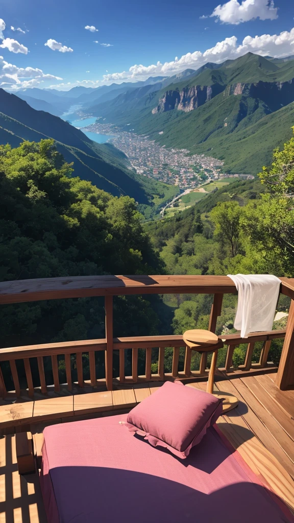 (masterpiece,Highest quality:8K) Affordable bedroom with mountain views and balcony, Beautiful views, A soothing and comfortable landscape, Detailed view, インスタグラムの写真 Nice views, beautifully、aesthetic, Beautiful nature in the background, Amazing scenery in the background, Beautiful views, Overlooking the valley, Nice views, beautiful place, paradise in the background