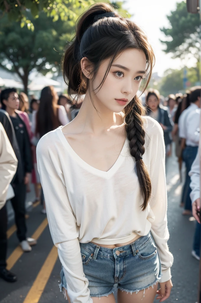 (((best quality))),(((ultra detailed))),(((masterpiece))),illustration,((1 beautiful girl,solo)),((slim,thin)),((small breasts,flat chest)), outside school gate, summer twilight, sunlight,(short ponytail:1.3),((white long-sleeved shirt)),(clavicalis:1.3),((denim shorts,slender legs)),animated face, excited eyes, sounds of laughter, chatter, excitement of summer vacation, air filled with energy, school gate golden glow, symbol of end of academic year, schoolyard transformed, reunion, farewells, embracing setting sun, face illuminated, moment captured, fleeting instant, essence of summer, carefree spirit, youthful exuberance, embodiment of season, sun dips, rosy glow, joy of living,promise of adventures,((standing,from front,upper body)),(surrounded by crowded crowds:1.3)