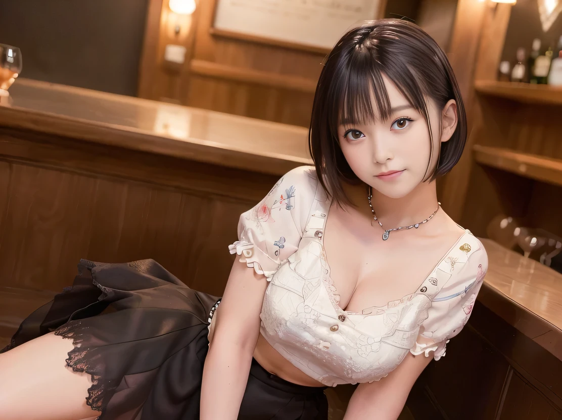 (Highest quality, masterpiece, Ultra-high resolution, 8K, RAW Photos, Realistic, Anatomically correct:1.5), 20-year-old girl:1.2, Embarrassing, avert your eyes, blush:1.0, View Viewer, ((Bar Lounge)) 、Night view、 Light:1.2, Bokeh, Cinema Lighting:1.0, Depth of written boundary, sharp、 Cute face、Idol、Black short sleeve lace top、Black tulle skirt、Black clothing、”dwarf”、(Floral clothes)、(Full Body Shot)、Side angle、Cowboy Shot、 smile、(Ultra short hair)、(Short bob cut)、(Straight bangs)、(( One Girl))、Large Breasts、I can see your belly button、Sexy pose、