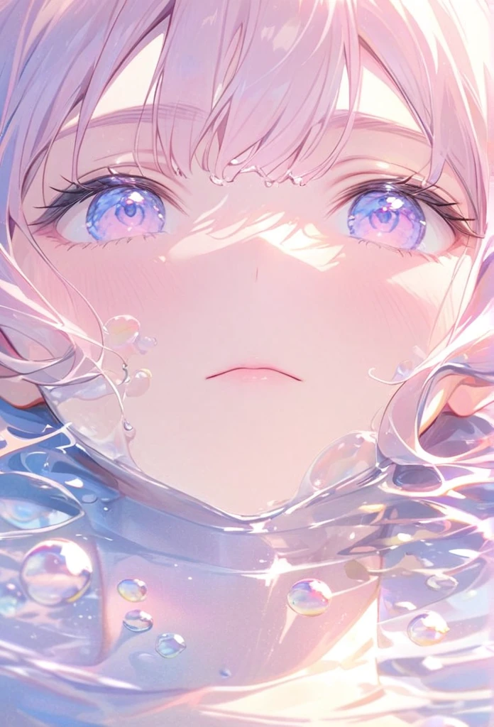 A person lying in water,With fluid abstract,Reflection and mirroring styles,Clear light pink,Clear water,White soap bubbles,Bokeh shots,Close-up from the neck up,Head close-up