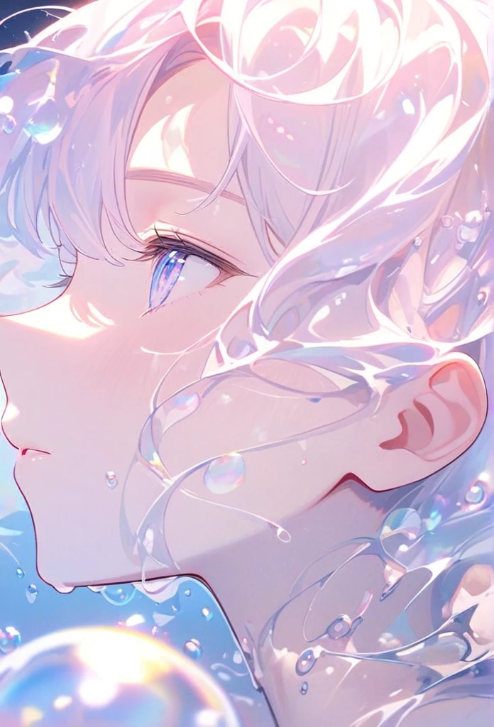 A person lying in water,With fluid abstract,Reflection and mirroring styles,Clear light pink,Clear water,White soap bubbles,Bokeh shots,Close-up from the neck up,Head close-up