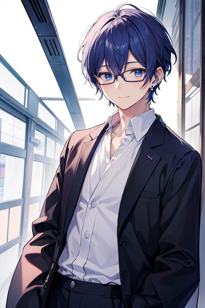 White background、Japan anime illustrations、Adult male、Anime Male、Indigo Hair、Blue eyes like the night sky、Smiling man、Wearing thin glasses、Small earrings、White linen shirt、Black suit、Man standing and smiling、Man standing facing forward、