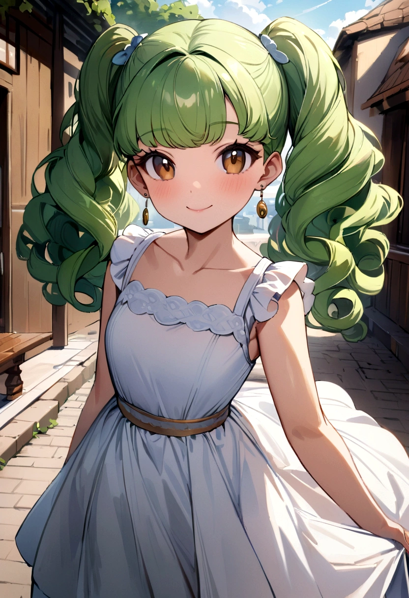 Masterpiece, High Quality, Ultra High Resolution, Solo, Outdoor, Looking at the viewer, Smiling, Kay, Alone girl, Long hair, Curly hair, Perm, Green hair, Earrings, Brown eyes, Healthy skin, Cute girl, Dress, Hairstyle pattern, Twin tails, Active girl, Facial features