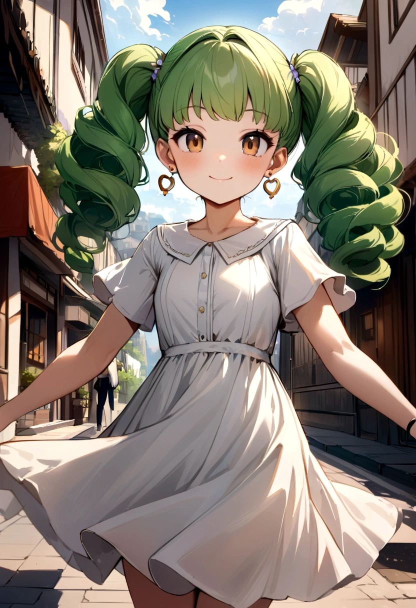 Masterpiece, High Quality, Ultra High Resolution, Solo, Outdoor, Looking at the viewer, Smiling, Kay, Alone girl, Long hair, Curly hair, Perm, Green hair, Earrings, Brown eyes, Healthy skin, Cute girl, Dress, Hairstyle pattern, Twin tails, Active girl, Facial features