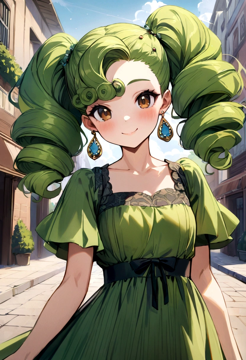 Masterpiece, High Quality, Ultra High Resolution, Solo, Outdoor, Looking at the viewer, Smiling, Kay, Alone girl, Long hair, Curly hair, Perm, Green hair, Earrings, Brown eyes, Healthy skin, Cute girl, Dress, Hairstyle pattern, Twin tails, Active girl, Facial features