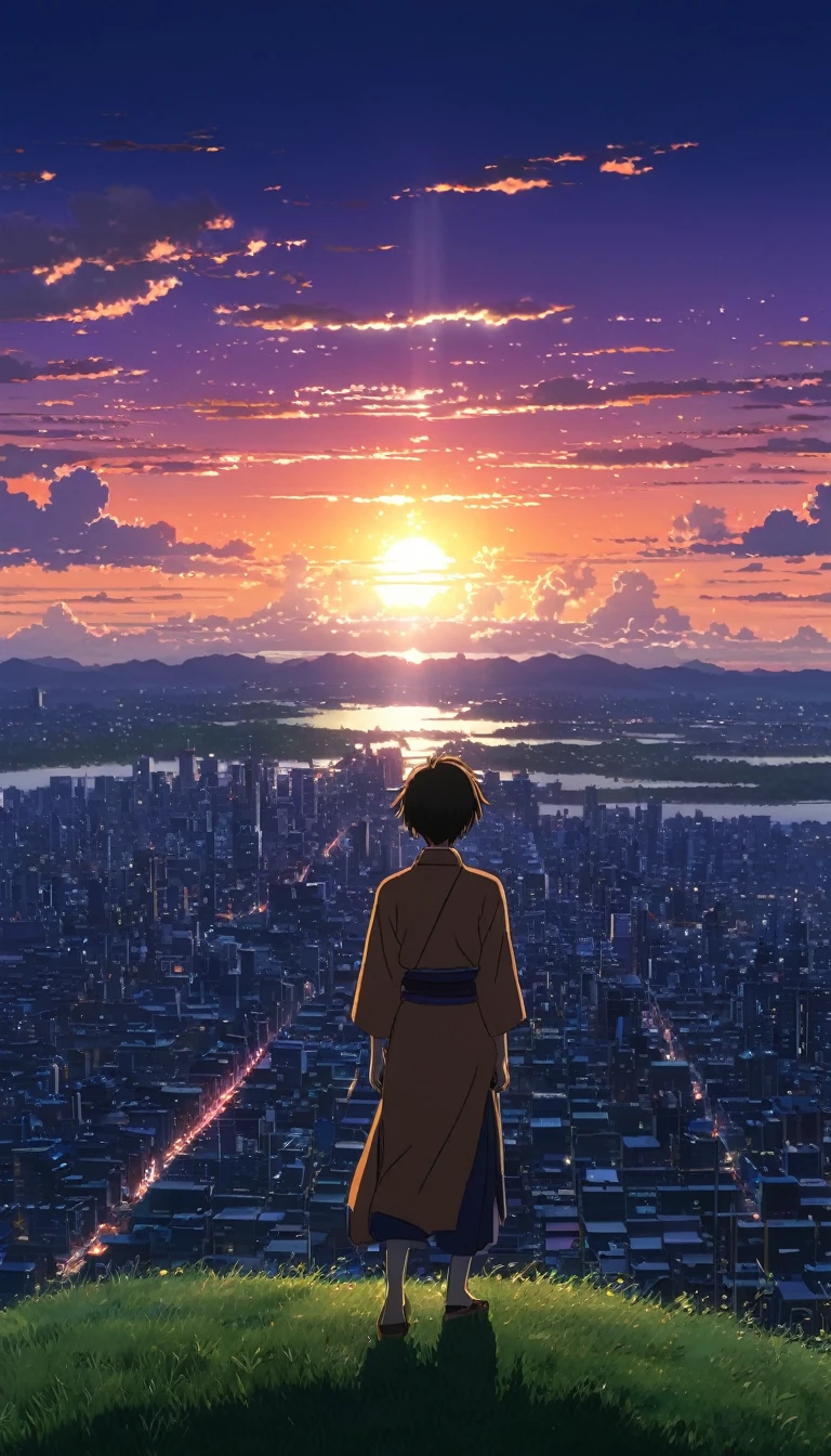 an iphone with an image of a city and the sun setting over it, watching the sun set. anime, anime. by makoto shinkai, hd anime cityscape, makoto shinkai. —h 2160, cosmic skies. by makoto shinkai, anime atmospheric, anime wallaper, by makoto shinkai, by Makoto Shinkai, beautiful anime scenery, makoto shinkai. high detail, ( ( makoto shinkai ) ), anime scenery, colorful anime movie background, anime movie background, anime background art, style of makoto shinkai, anime sky, beautiful anime artwork, anime background. Description-A stylized image of a cityscape at sunset. The sky is filled with dramatic clouds illuminated in hues of orange, pink, and purple by the setting sun, which emits radiant beams across the scene. A person in traditional attire stands on a hill in the foreground, overlooking the glowing city below. The artwork's vibrant colors and detailed depiction highlight the serene and majestic atmosphere.