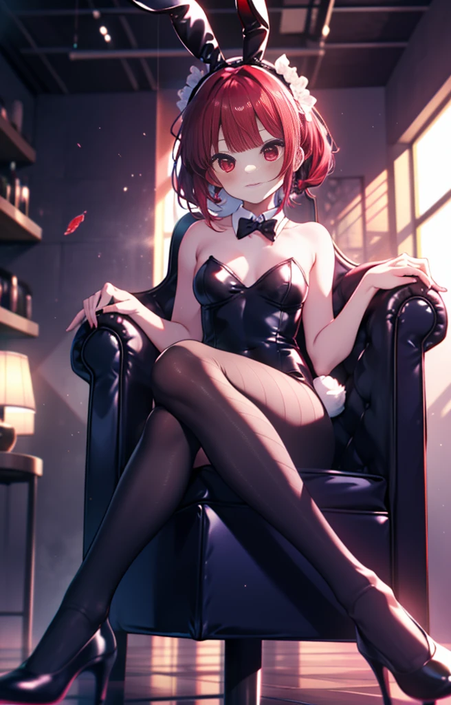 Arima Kana, (Red eyes:1.5), Bob Hair,smile,Redhead,Small breasts,(Bunny girl:1.5),(Black Playboy Bunny:1.0),Bunny ears headband,Fishnet tights,Stiletto heels,sitting cross-legged on a chair,whole bodyがイラストに入るように
break looking at viewer,whole body,
break indoors, stage,
break (masterpiece:1.2), Highest quality, High resolution, unity 8k wallpaper, (shape:0.8), (Beautiful and beautiful eyes:1.6), Highly detailed face, Perfect lighting, Extremely detailed CG, (Perfect hands, Perfect Anatomy),