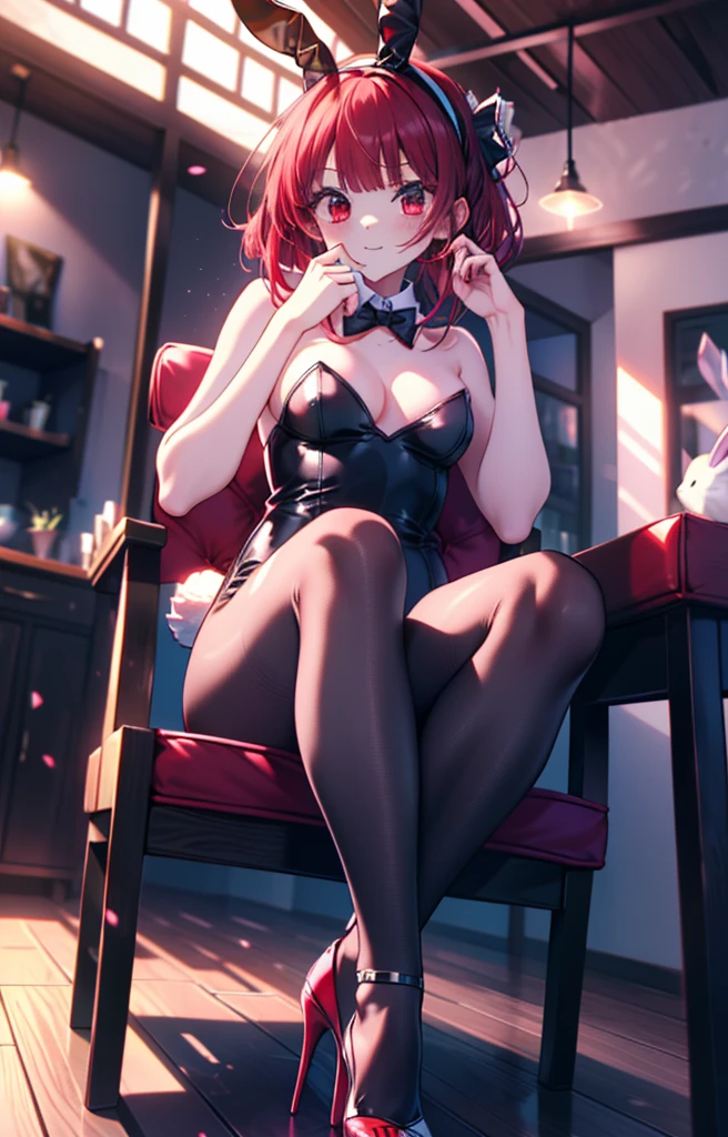 Arima Kana, (Red eyes:1.5), Bob Hair,smile,Redhead,Small breasts,(Bunny girl:1.5),(Black Playboy Bunny:1.0),Bunny ears headband,Fishnet tights,Stiletto heels,sitting cross-legged on a chair,whole bodyがイラストに入るように
break looking at viewer,whole body,
break indoors, stage,
break (masterpiece:1.2), Highest quality, High resolution, unity 8k wallpaper, (shape:0.8), (Beautiful and beautiful eyes:1.6), Highly detailed face, Perfect lighting, Extremely detailed CG, (Perfect hands, Perfect Anatomy),